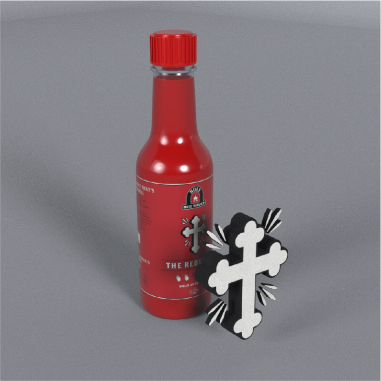 3d render of hot sauce bottle with augmented reality cross floating in front of it.